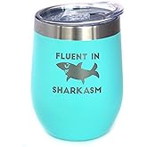 Bevvee Fluent in Sharkasm - Funny Shark Wine Tumbler Glass with Sliding Lid - Stainless Steel Insulated Mug - Cute Shark Decor Gifts - Teal