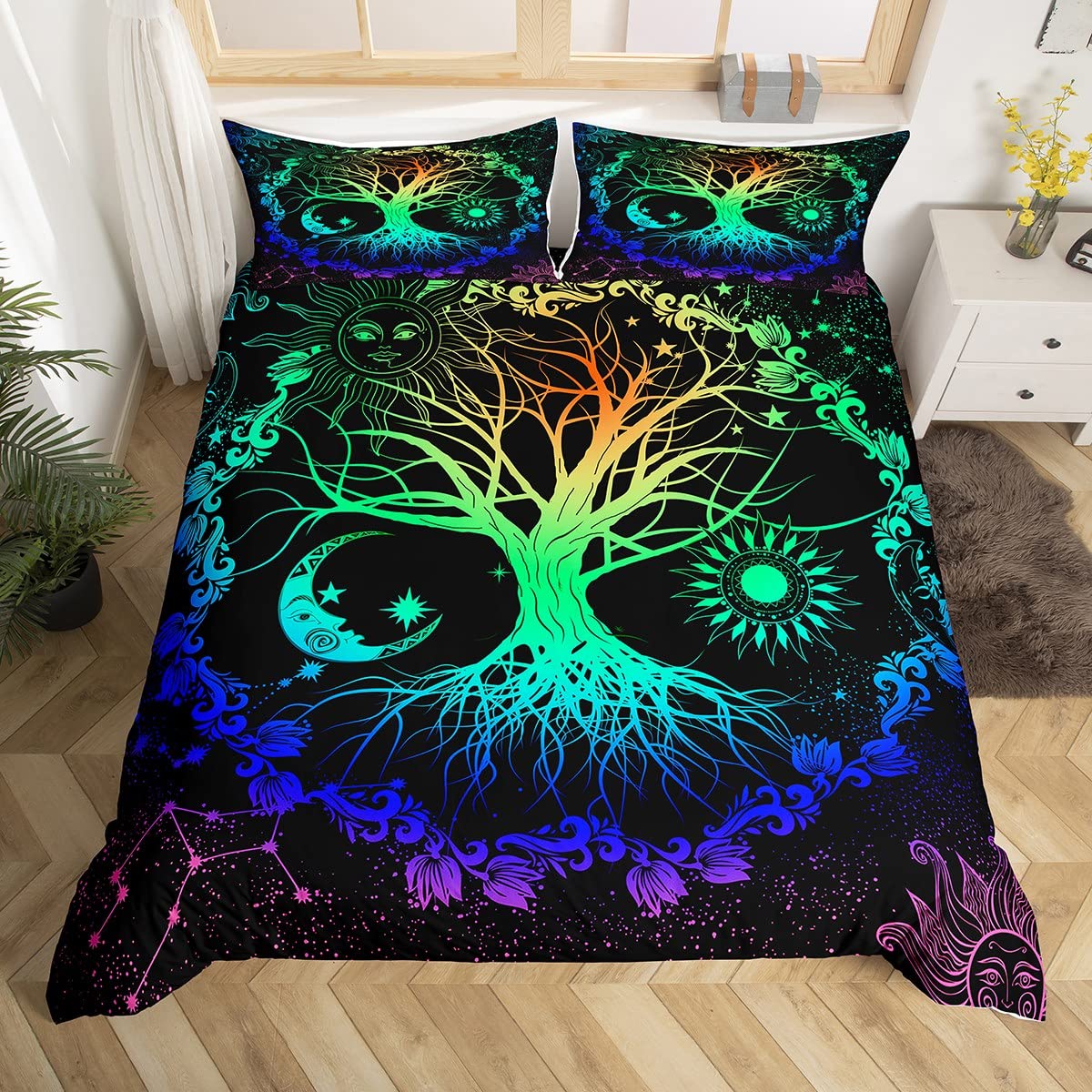 Loussiesd Tree Boys Duvet Cover Set Sun Moon Bedding Set Kids Teens Glitter Colorful Comforter Cover Floral Botanical Quilt Cover 3Pcs Bedding King Size