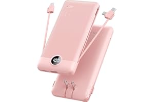 VRURC Portable Charger Built-in Cables and AC Wall Plug, USB C Power Bank 10000mAh, [2023 Upgraded Version] Phone Charger Compact Lightweight External Battery Pack for Smart Phones, Tablets etc-Pink