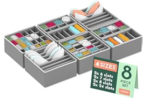 RUBOXA Dresser Organizer, [8 Pk] Grey Fabric Dresser Drawer Organizers (4 Sizes With 90 Slots) Foldable Underwear Drawer Organizer Breathable Bins for Bra, Lingerie, Socks, Scarves, Belt, Tie, Baby Clothes