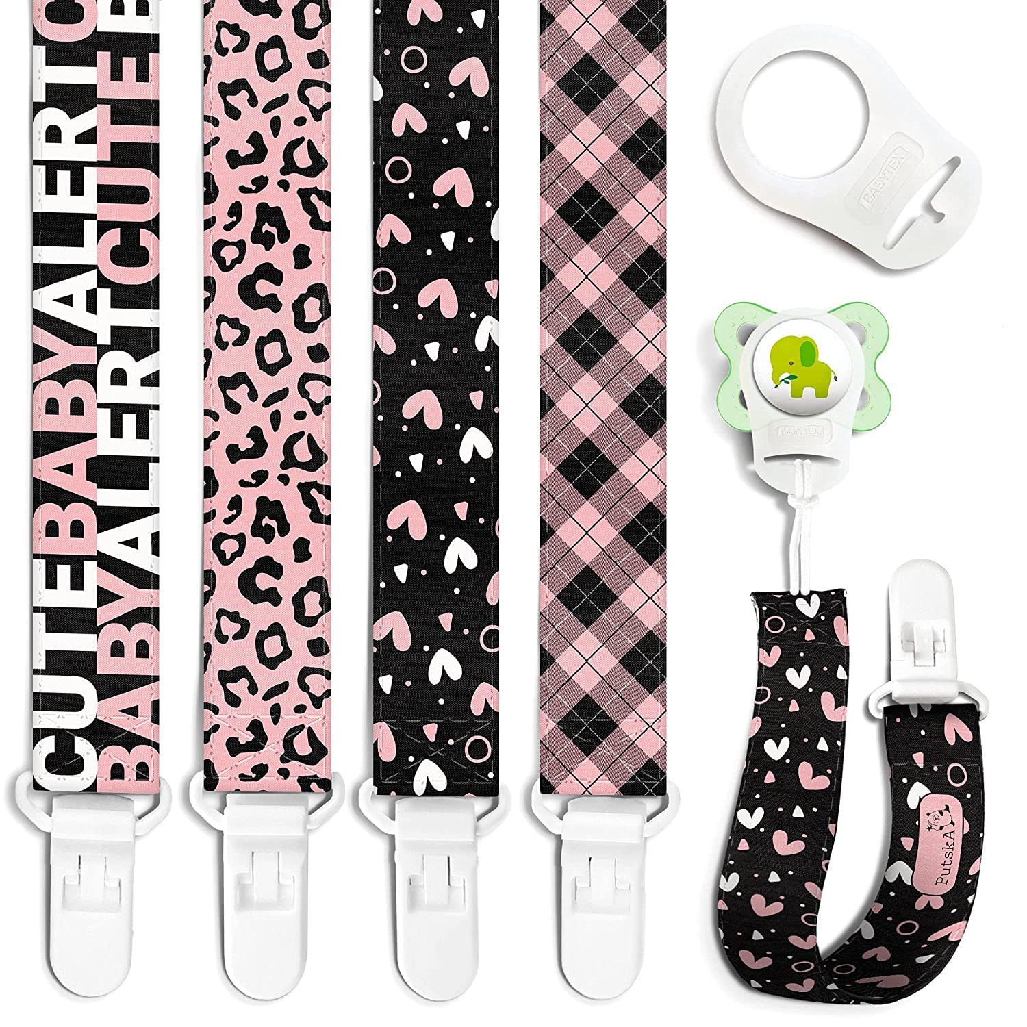 PUTSKA Girls Pacifier Clip - 4 Pack Set of Unique Modern Design. Binky Clip Fits All Pacifiers/Soothers. Baby Girls Pacifier Clips Teether Holder