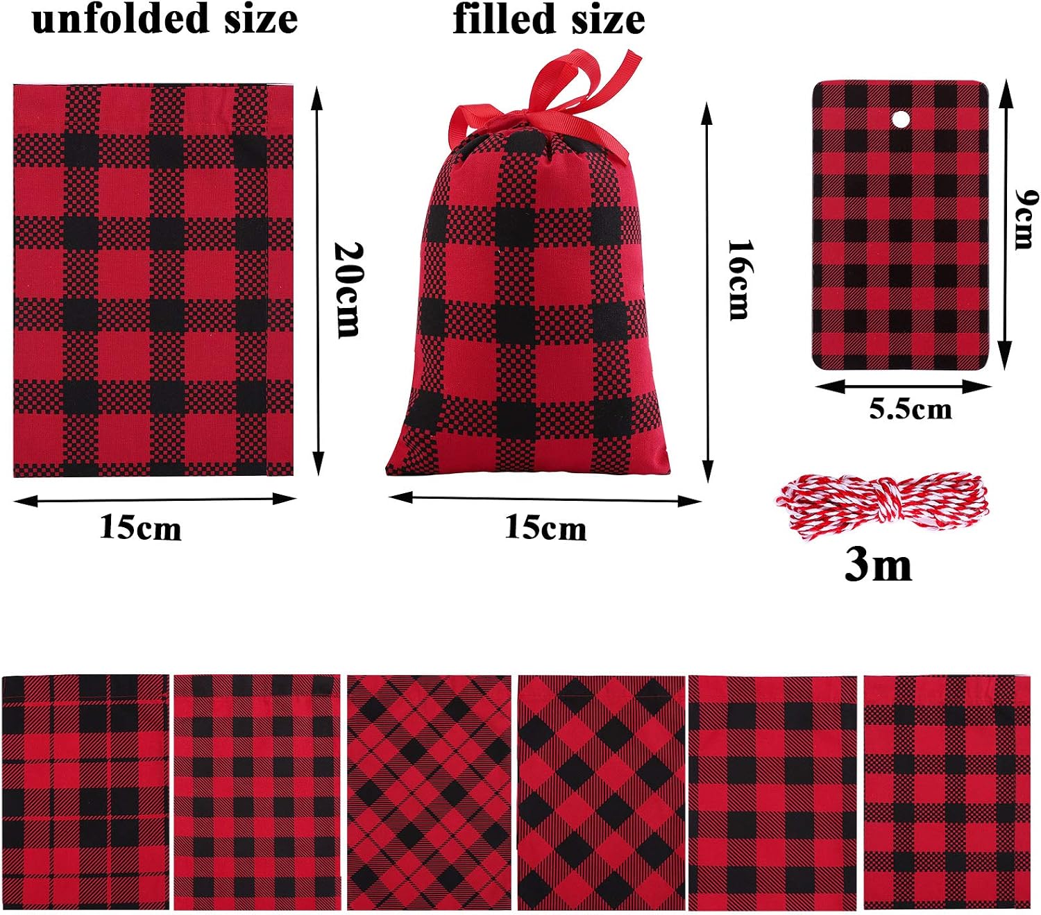 Aneco 12 Pieces Mini Christmas Cotton Buffalo Plaid Red and Black Plaid Drawstring Bag 7.8 by 5.9 Inches Stocking Storage Sack Xmas Bag Candy Sack Party Favors Bags with 20 Christmas Tags - Image 3
