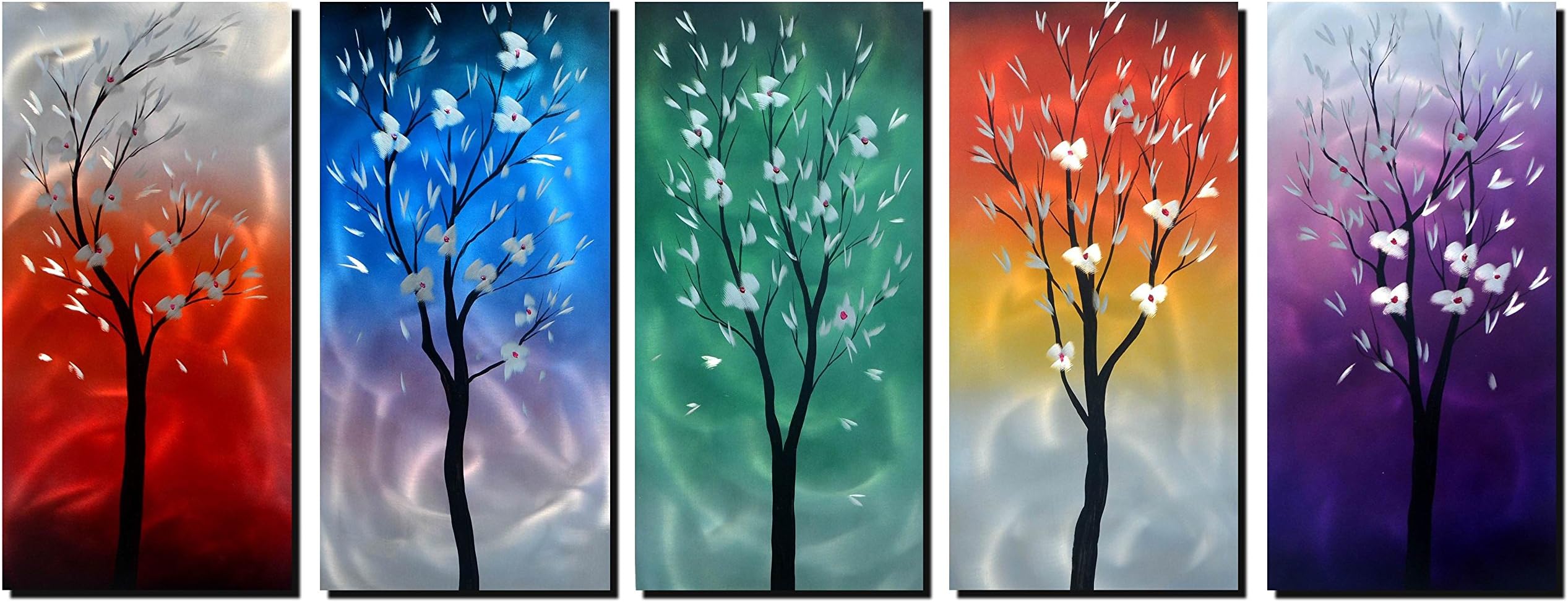 Handmade Metal Wall Art with Multi-Colored Tree, Flora Design Artwork for Modern and Contemporary Decor, Indoor Outdoor Wall Decorations, 5-Panels Measure 24"x 64"
