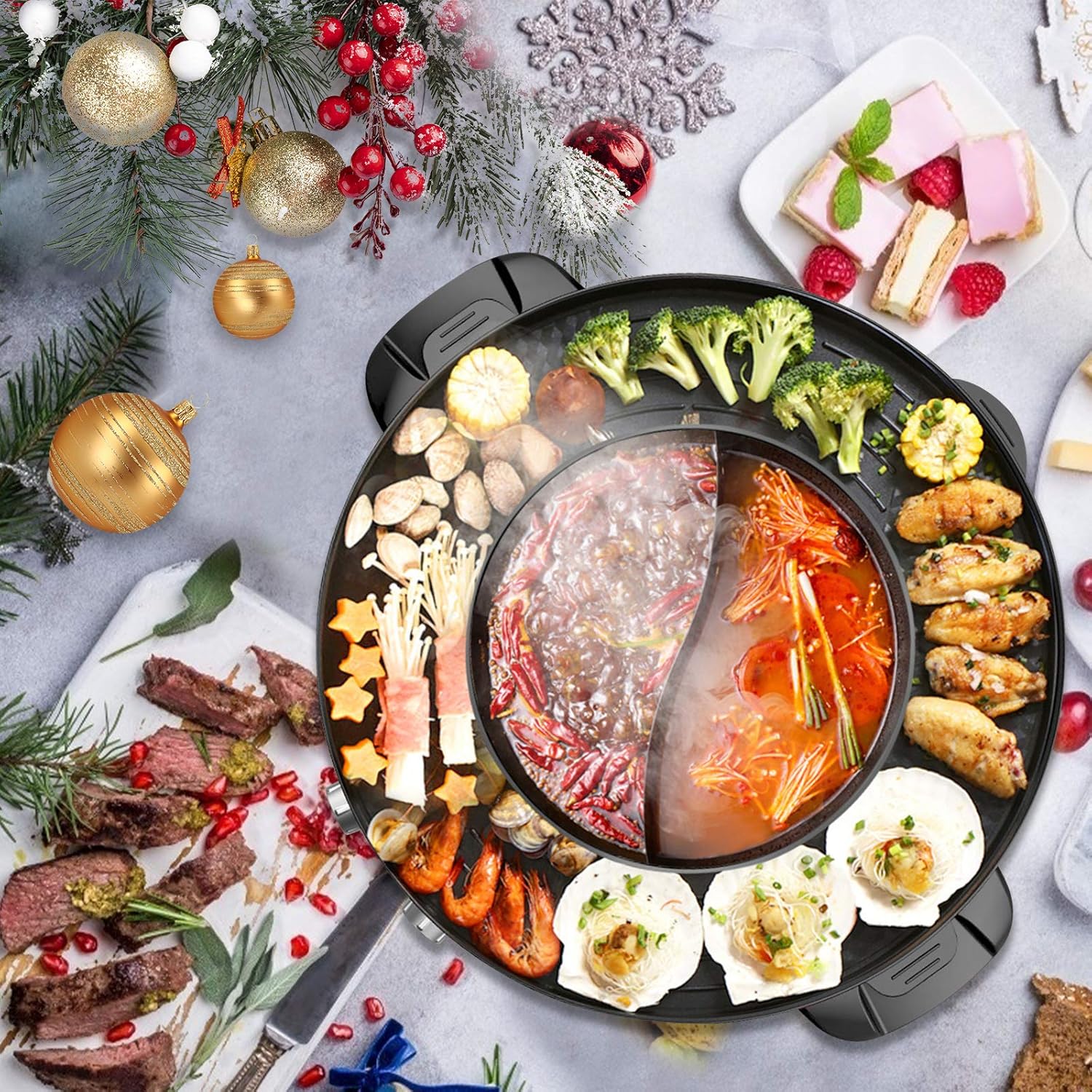 TOPQSC Electric Barbecue Grill Indoor Hot Pot MultiFunction Smokeless