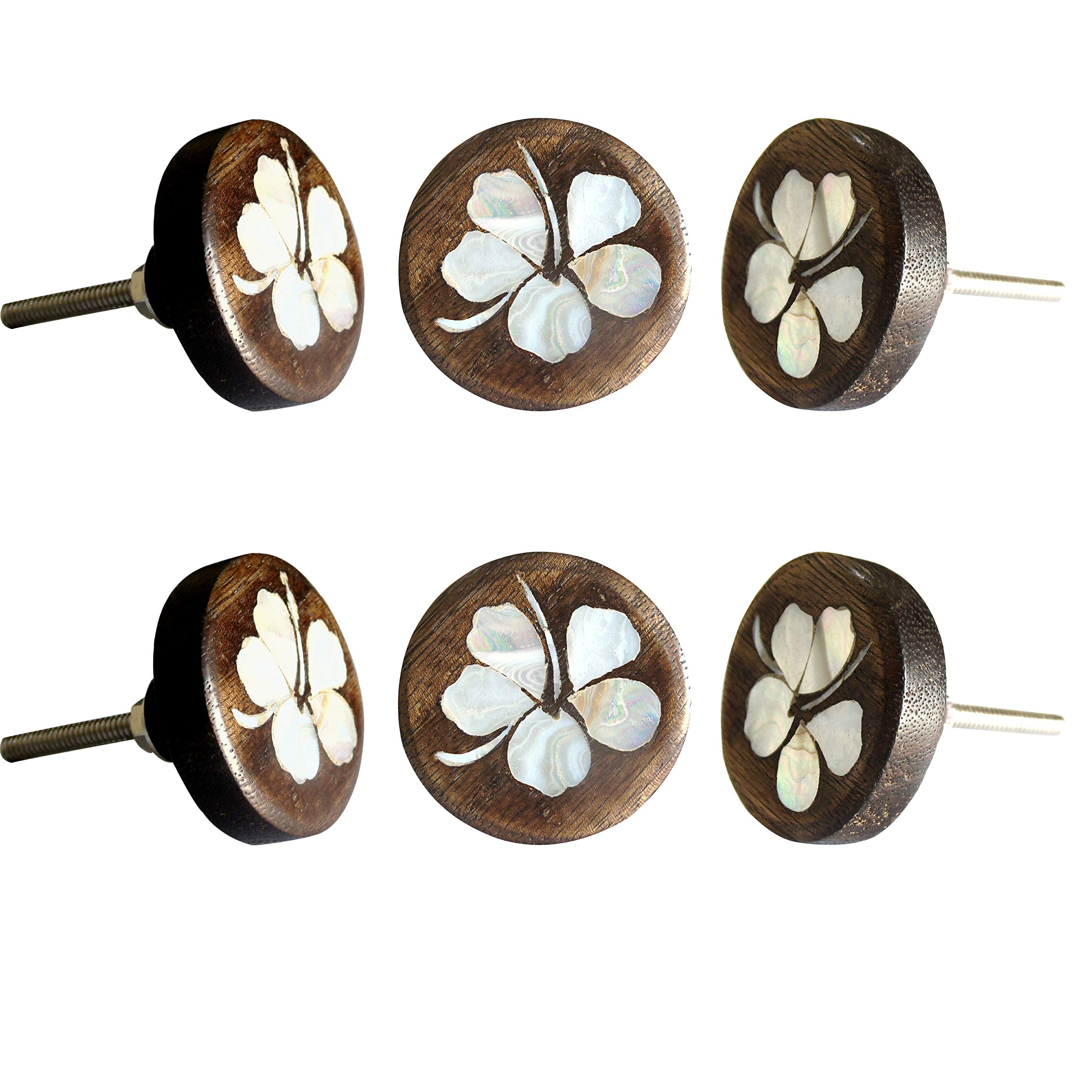 Perilla Home Set of 6 MOP Hibiscus Flower Wooden Knob Decorative Antique Vintage Pull for Drawer Cupboard Drawer Cabinet Dresser Bedroom Bathroom Kitchen Wardrobe Dresser