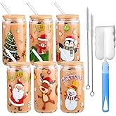6 Pieces Christmas Can Glass 16oz Coffee Glass Cup with Bamboo Lid and Straw Santa Claus, Elk, Christmas Tree Can Glass for for Water, Juice, Milk, Beer, Whiskey, Vodka and Christmas Party Supplies