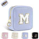 Playexen Small Initial Makeup Bag, Blue Corduroy Personalized Cosmetics Bag with Ring Buckle, Monogram Cute Travel Toiletry Pouch Purse for Birthday/Wedding/Party Gifts (Letter M)