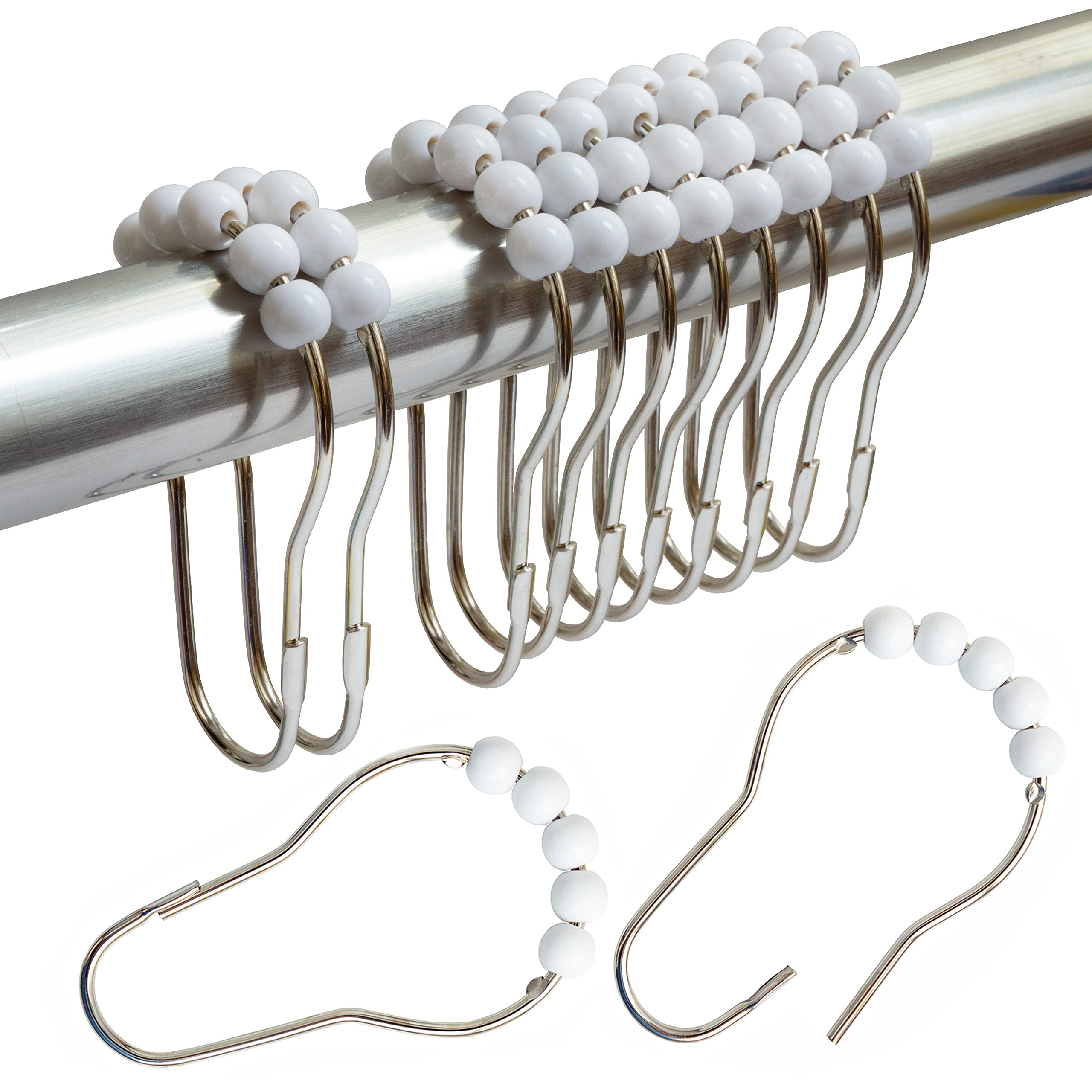 Shower Curtain Hooks Rings Stainless Steel Shower Hooks White Acrylic roller Balls Rustproof Heavy Duty for Bathroom Curtain(White)