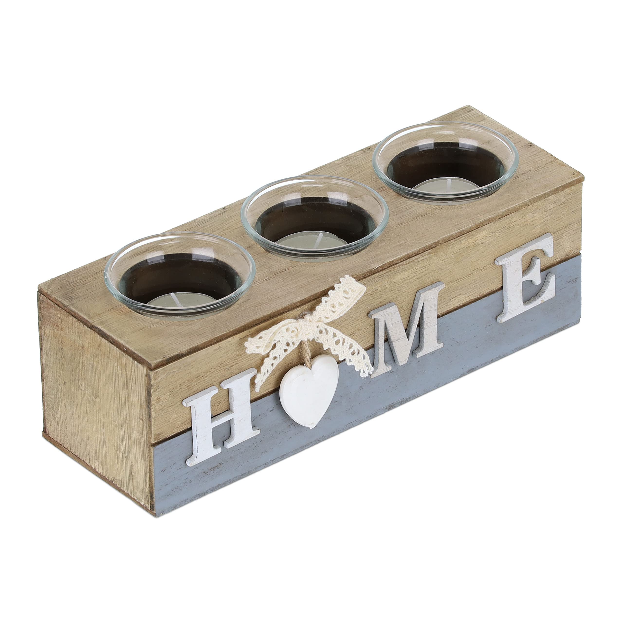 Relaxdays ‘Home’ Tealight Holder, 3 Candle Glasses, Table Centrepiece, Decor, HWD: 8 x 23 x 8 cm, Multicoloured