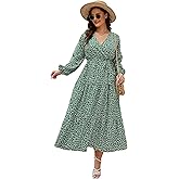 KOJOOIN Womens V Neck Wrap Maxi Dress High Waist Long Sleeves Ruffle Hem