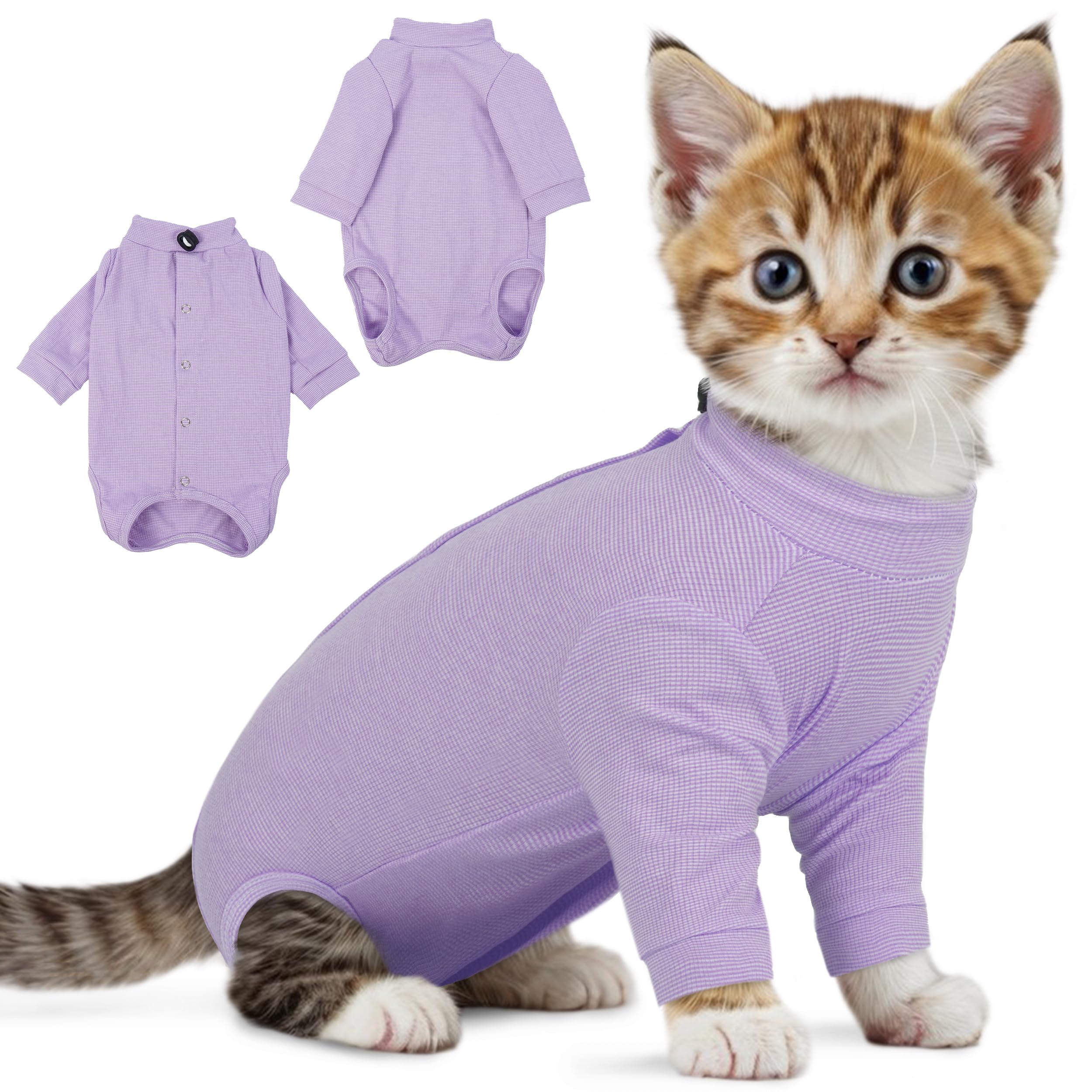 Photo 1 of PUMYPOREITY Cat Front Leg Recovery Suit, Surgical Spay Suit with Leg Sleeves to Stop Licking, Machine Washable & Comfort Fit, Long Rear Sleeve Prevents Scratching & Biting, Purple, M