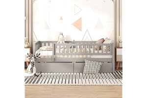 DEINPPA Full Bed with Drawers, Kids Daybed with Storage, Wooden Bed Frame with Slat for Kids Children Toddlers Boys Girls-Grey