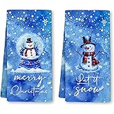 Yjeslw Blue Christmas Snowman Kitchen Towels, Let It Snow Merry Christmas Hand Dish Towels Decor, Winter Xmas Snow Globe Snowman Tea Towel for Kitchen Bathroom Decorative, 16x24 Inch Set of 2