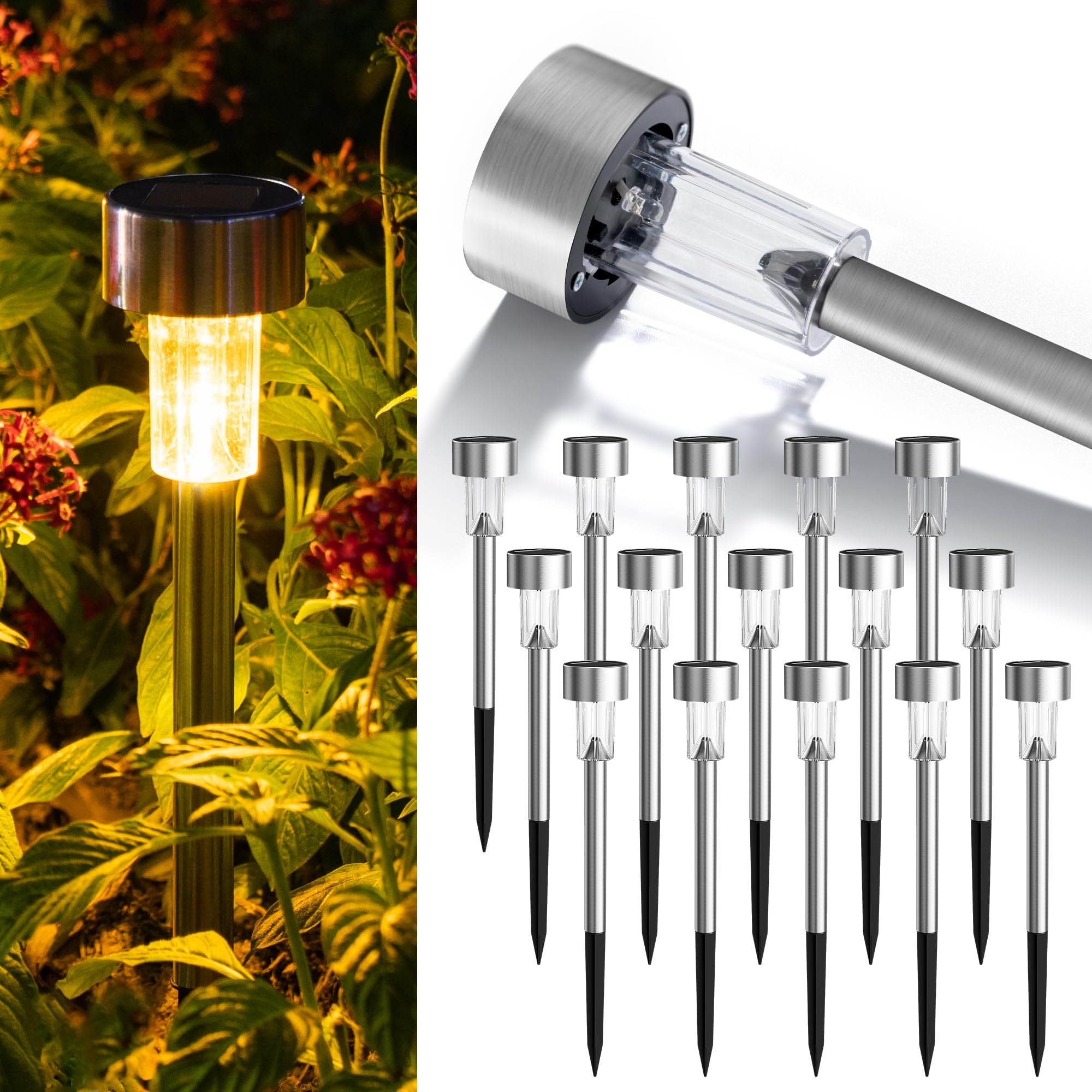 GIGALUMI Solar Lights Outdoor Garden Waterproof,16 Pack,Stainless Steel LED Solar Garden Lights for Patio, Lawn, Yard and Landscape Decor, Warm White