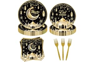 YIQXKOUY 96 Pieces Ramadan Eid Mubarak Party Tableware Set for 24 Guests, Include 7" Dessert Plates, 9" Dinner Plates, Forks,