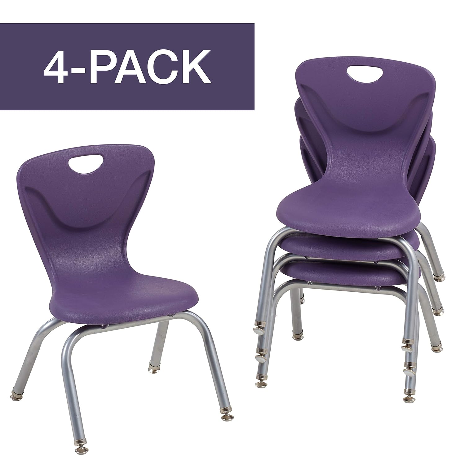 FDP 12" Contour School Stacking Student Chair, Ergonomic Molded Seat Shell with Chromed Steel Frame and Swivel Leg Glides; for in-Home Learning or Classroom - Eggplant (4-Pack)
