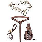 MOSTORY Medieval Renaissance Accessory Set - 4 Pcs Fairy Renaissance Belt Pouch Cork Potion Bottle Elf Crown for Viking Cosplay Mardi Gras Carnival Photo Shoot Brown
