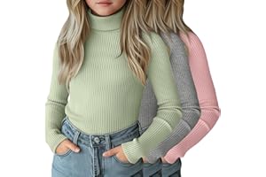 LessonZoo 3 Pack Girls Turtleneck Long Sleeve Shirts Ribbed Knit Cotton Layer Tops Slim Fit Casual Undershirts 5-14 Years