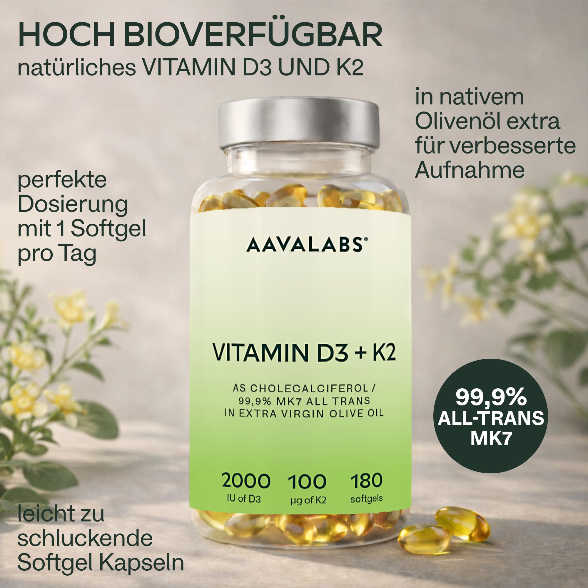 Vitamin D3 K2 hochdosiert mit nativem Olivenöl - Vitamin D 2000 IE + Vitamin K2 MK7 100μg - Sonnenvitamine Vitamin D K2 GMO-, gluten- und laktosefrei 180 Vitamin D3 K2 Kapseln hochdosiert 2