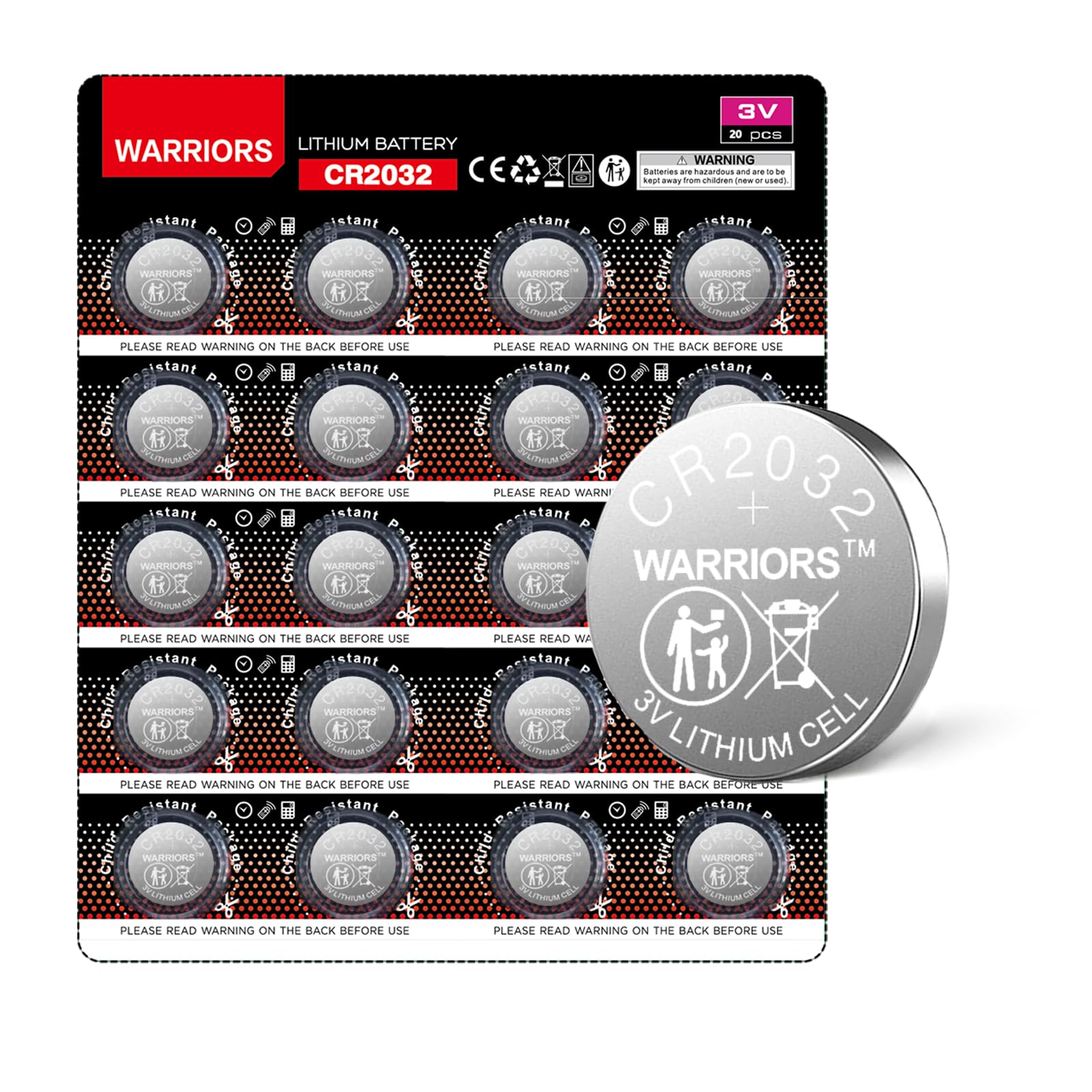 Warriors 20X CR2032 Batterien Knopfzellen, 20er Pack Vorratspackung, 3V 240mAh Extra Kapazität, Lange Haltbarkeit, Zuverlässige Knopfzellen für Schlüsselanhänger, Waagen