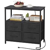 TUTOTAK Large Night Stand with Charging Station | Bedside Table with USB and Type-C Port, End Table with Cloth Drawers for Livingroom, Bedroom, Black TB01BK081