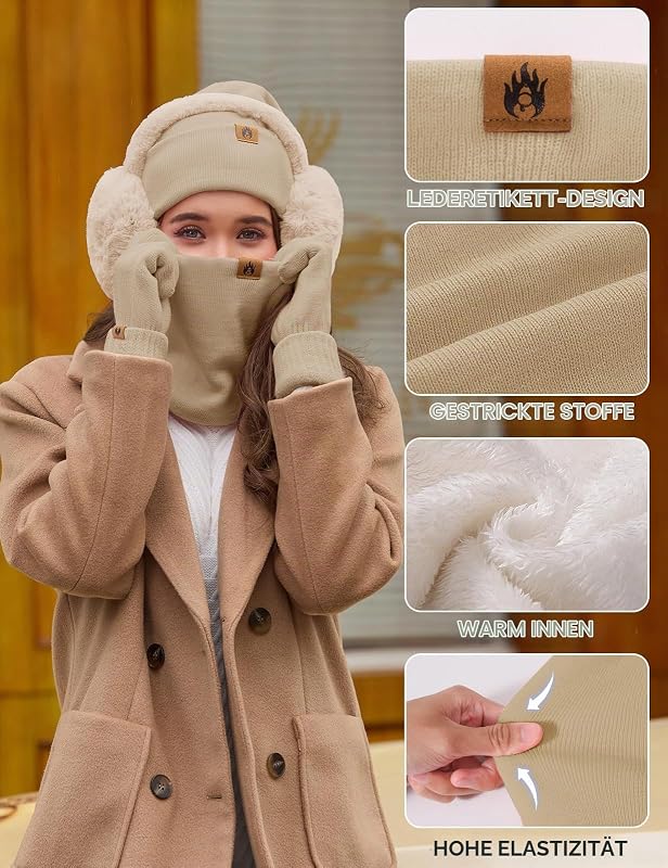 Mütze Schal Handschuhe Damen Winter Set Wintermütze Fleece Gefütterte Beanie Loop Schlauchschal Wärmer Touchscreen Plüsch Ohrenwärmer Verdickte Ohrenschützer Socken-5 Stück Set，Khaki