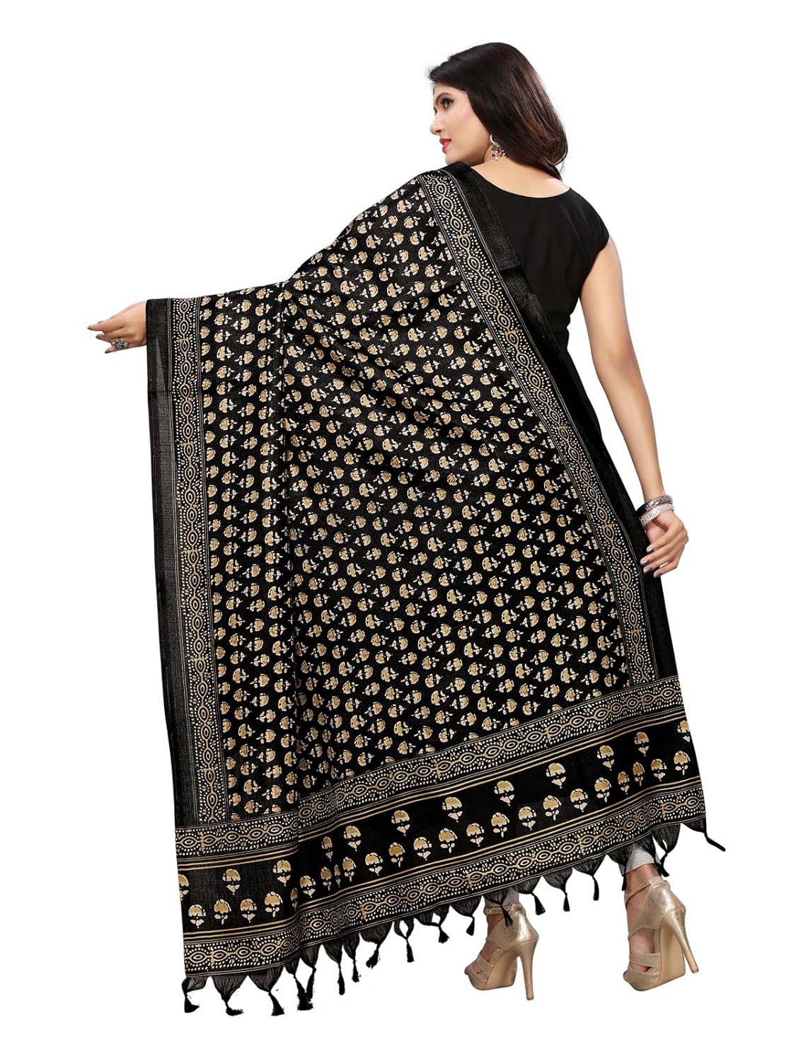 kanchnar women's black and biege bhagalpuri printed dupatta
