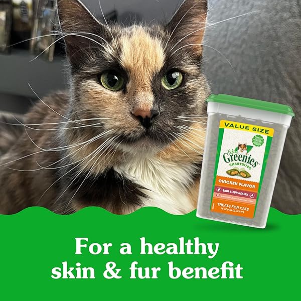 GREENIES CAT TREATS, FELINE SMARTBITES, SKIN & FUR HEALTH, CRUNCHY AND SOFT CAT TREATS, CHICKEN FLAVOR, 16 OZ. TUB