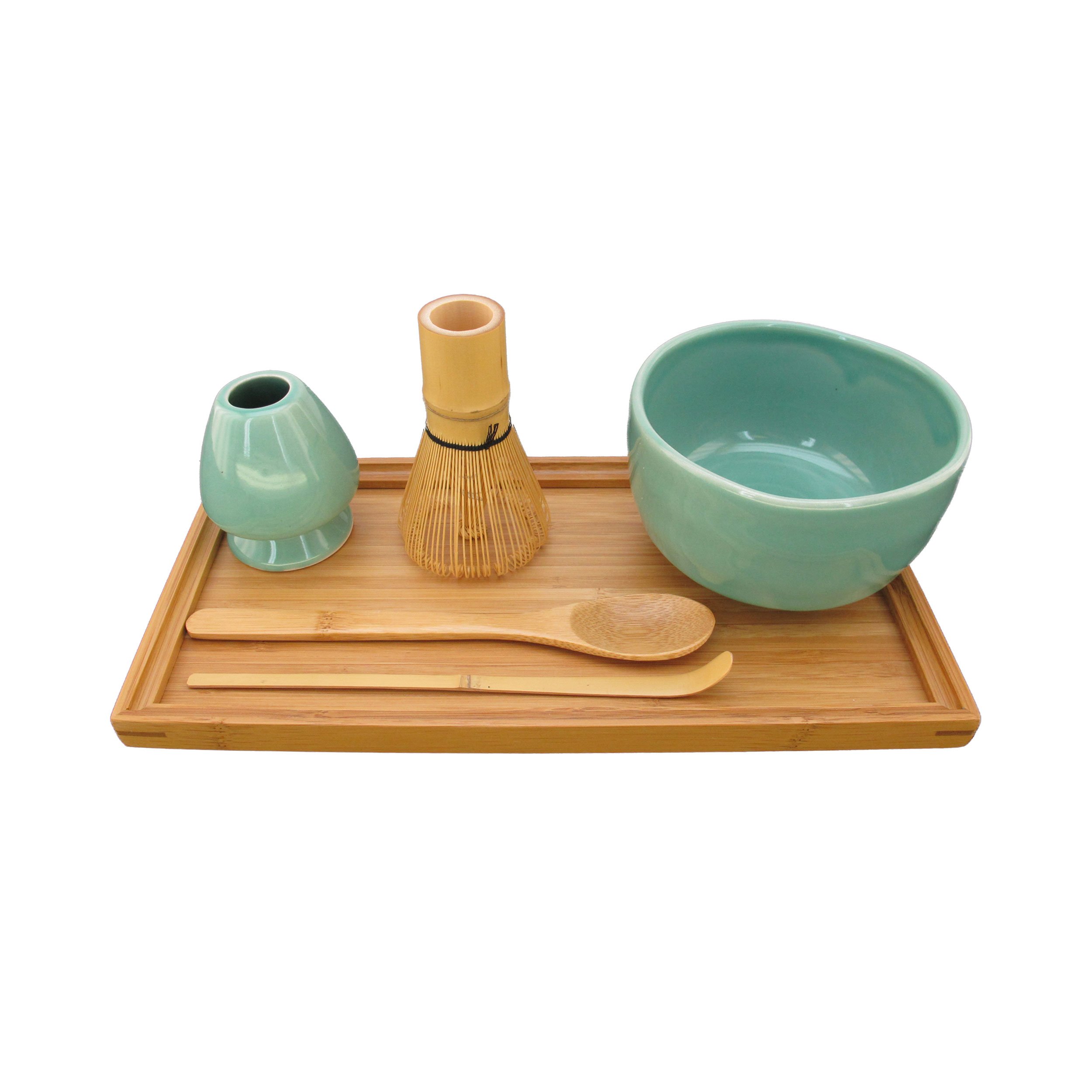 BambooMN Brand - Matcha Bowl Set (Includes Bowl, Rest,Tea Whisk, Chasaku, Tea Spoon & Tray) 1 Set Green
