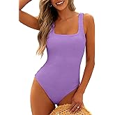 ANRABESS Womens One Piece Swimsuit Square Neck Backless Solid Modest Full Coverage Ribbed Bathing Suits 2026 Summer Swimwear