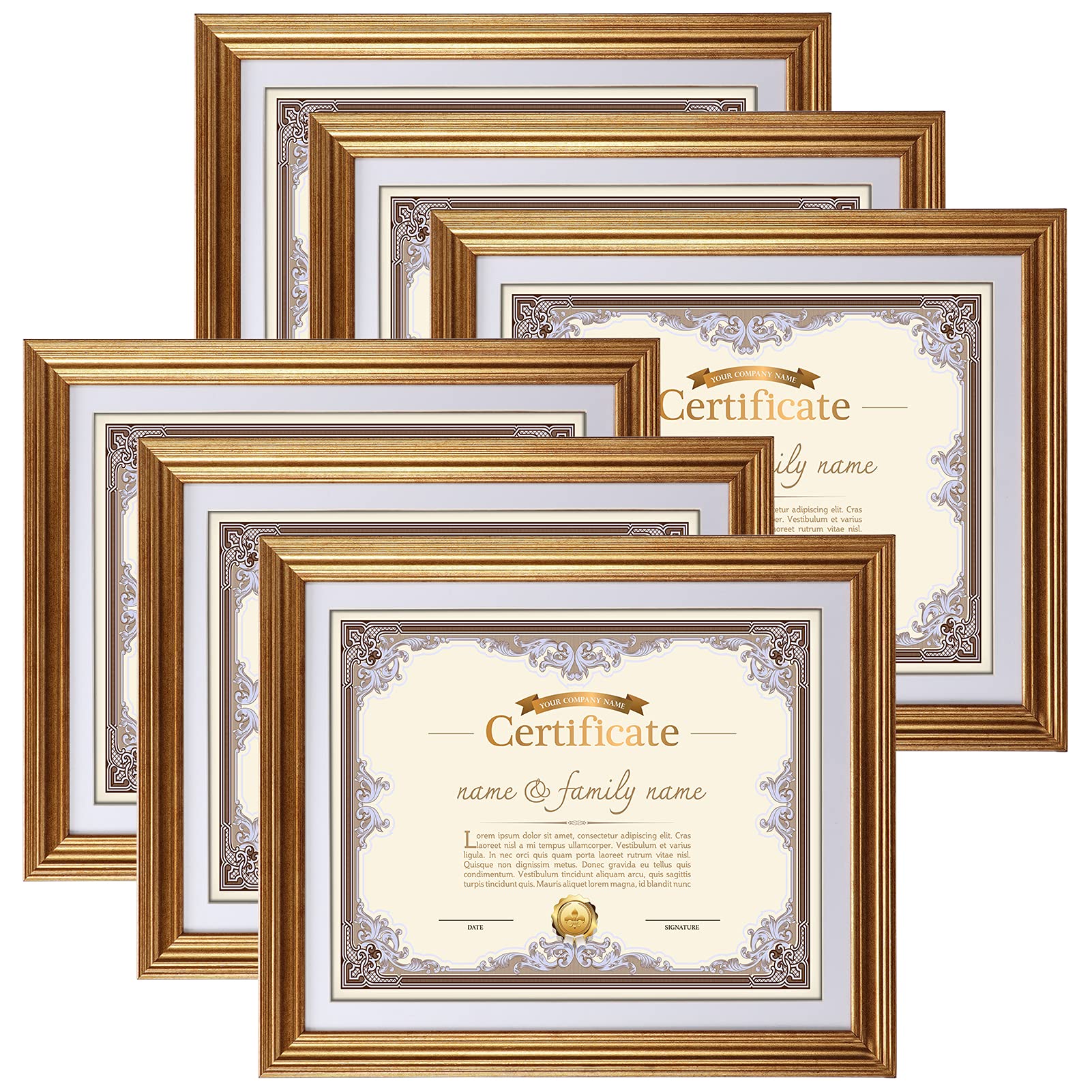 Photo 1 of MEBRUDY 8.5 x 11 Picture Frames with Mat, Gold 8.5x11 Document Certificate Diploma Award Photo Frame Set for Wall or Tabletop Display, 6 Pack