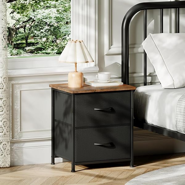 SOMDOT NIGHTSTAND, SMALL 2 DRAWER DRESSER END TABLE, CHEST OF DRAWERS, BEDSIDE TABLE NIGHT STAND END TABLE WITH FABRIC BINS FOR BEDROOM KIDS CLOSET DORM GUEST ROOM, BLACK RUSTIC BROWN