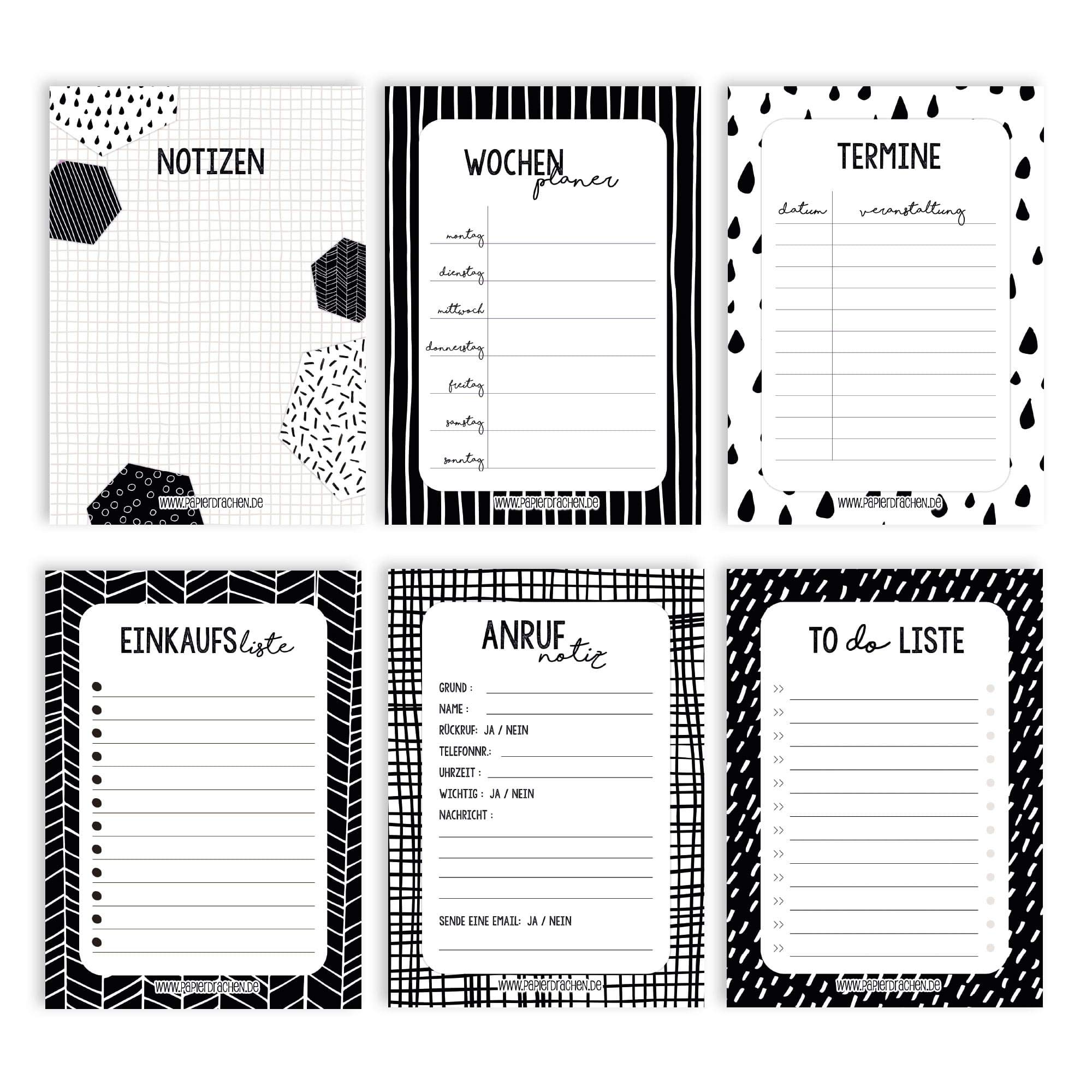 6 notepads for appointments, weekly planner, to do list, shopping lists and notes – daily planner and weekly planner black and white – ideal for school, university and household – set 6 – DIN A6