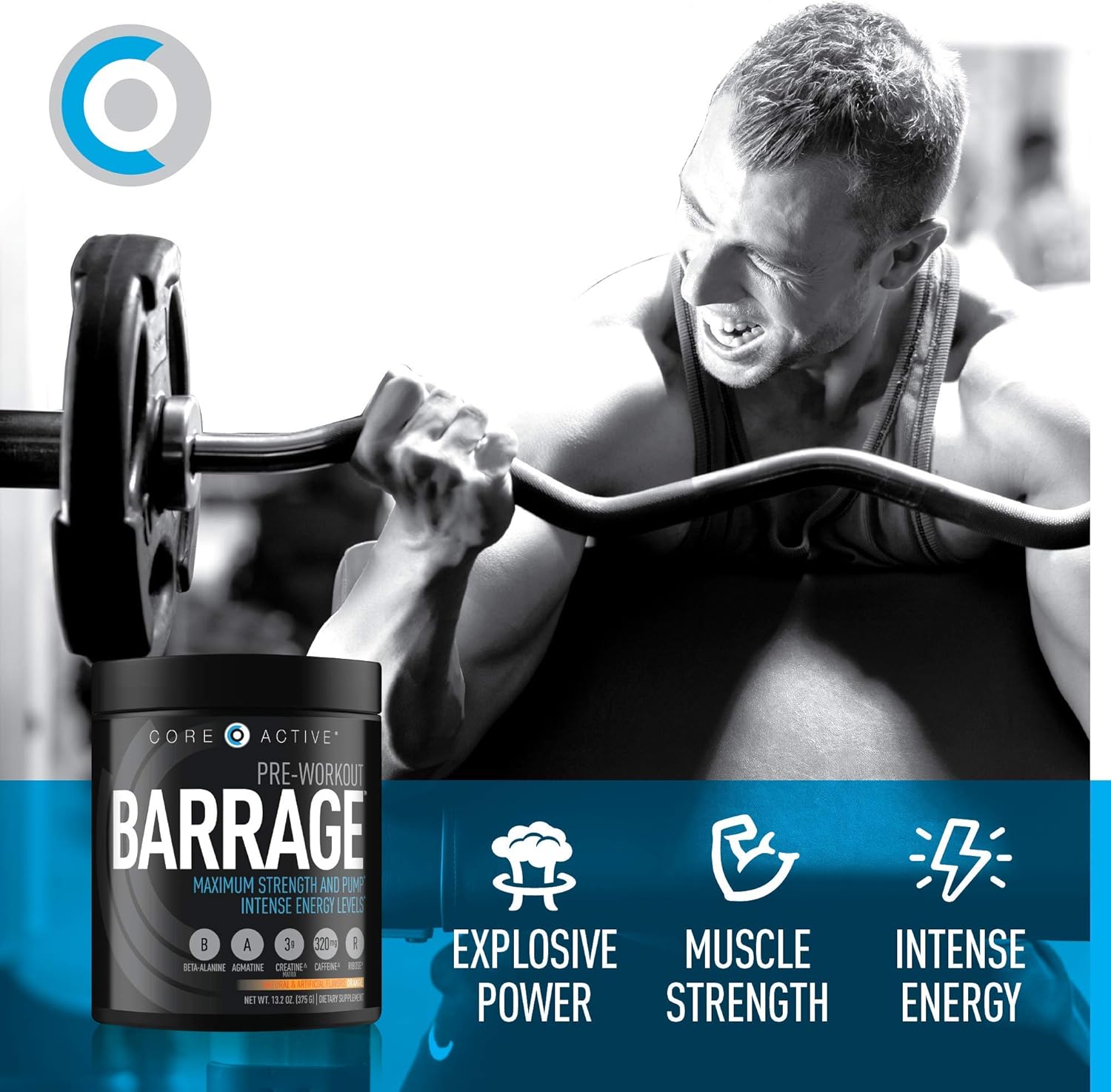 Core Active Barrage Pre Workout - Pre-Workout for Men and Women with Creatine, Beta-Alanine, Agmatine Sulfate, and Caffeine - Pump Up Your Workout with Intense Energy and Focus - Orange (30 Servings): Health & Personal Care