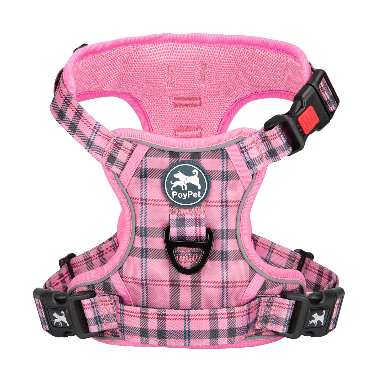 PoyPet No Pull Dog Harness, [Release on Neck] Reflective Adjustable No Choke Pet Vest with Front & Back 2 Leash Attachments, Soft Control Training Handle for Large Dogs(Checkered Pink,L)