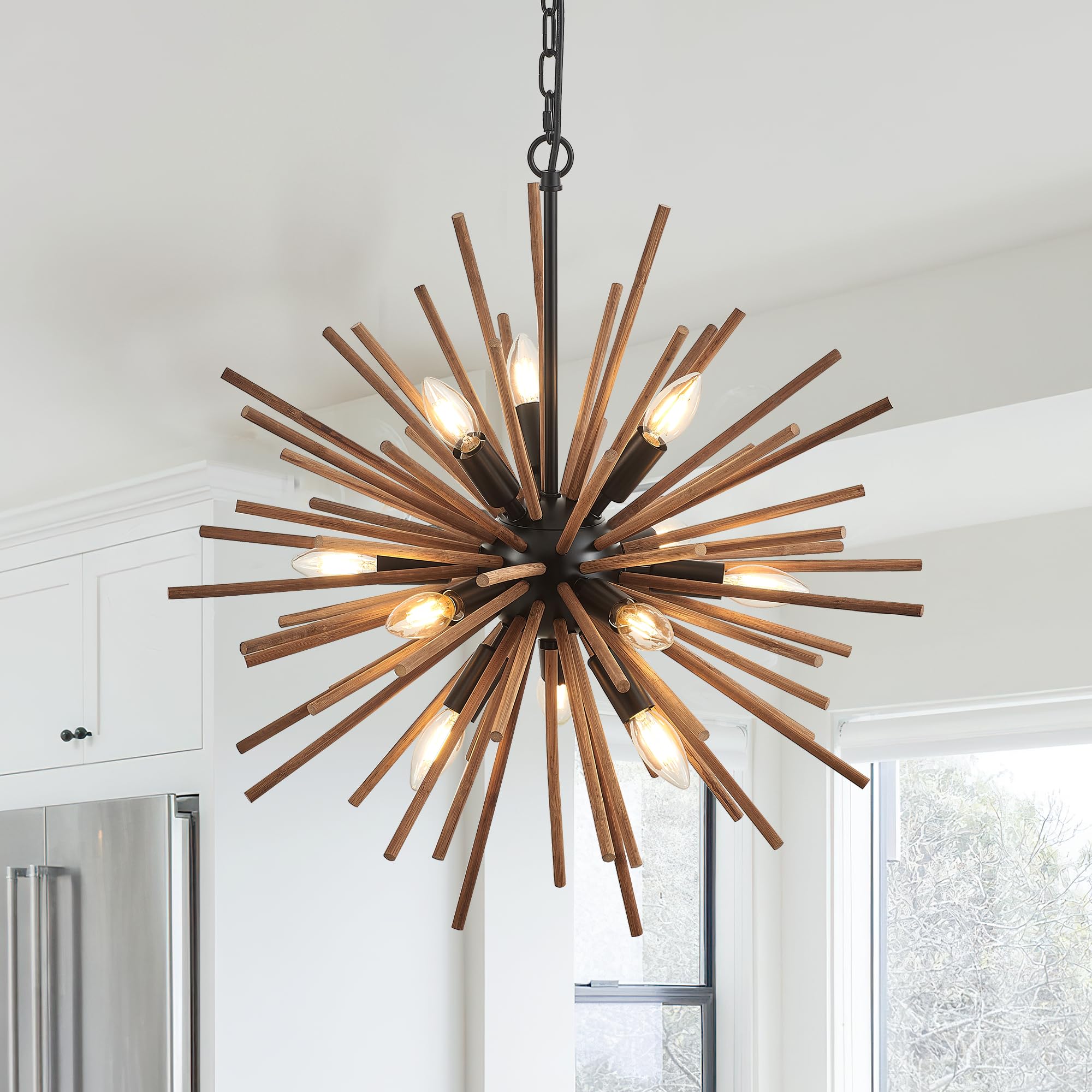 Photo 1 of lighceac 23.6" Farmhouse Sputnik Chandelier for Dining Room Rustic Handmade Natural Wood 12-Light Hanging Ceiling Pendant Light Fixture Starburst Wood Chandeliers for Kitchen Bedroom Foyer Hallway