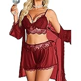 Avidlove Women Sexy Pajamas Set 3 Piece Lingerie Lace Cami Sleepwear and Silk Satin Pjs Sets with Mesh Kimono Robe