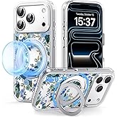 FEWGEY for iPhone 17 Pro Max Case with MagSafe Stand Ring for Women, Cute Clear Floral Design with 360° Kickstand Holder Magnetic Shock Proof Heavy-Duty Protection Blue Flower