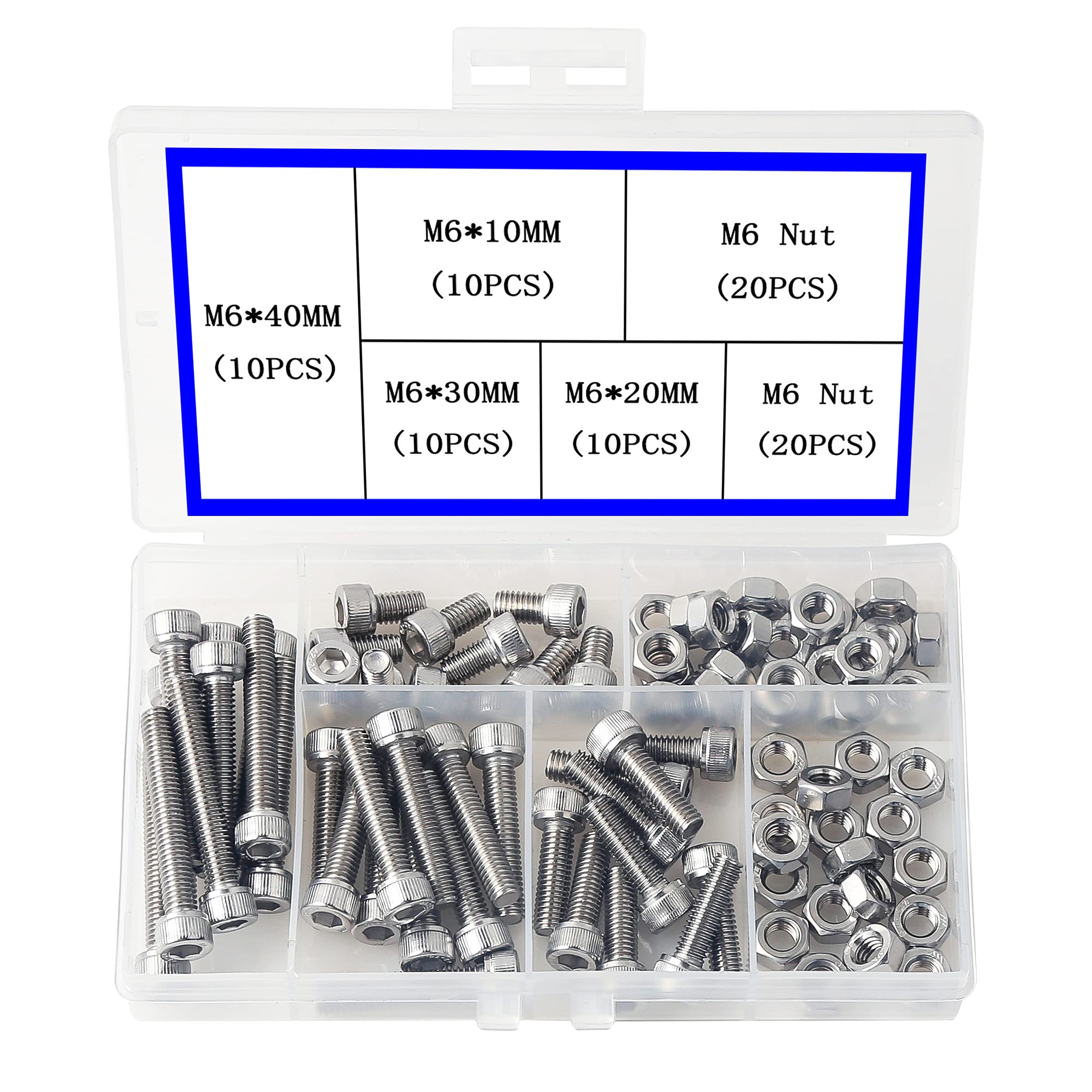 newlng M6 Nuts and Bolts Set 304 Stainless Steel Hexagon Socket Head Cap Screws Hexagon Socket Head Screw Head Mechanical Parts Bolt And Nut Combination Box