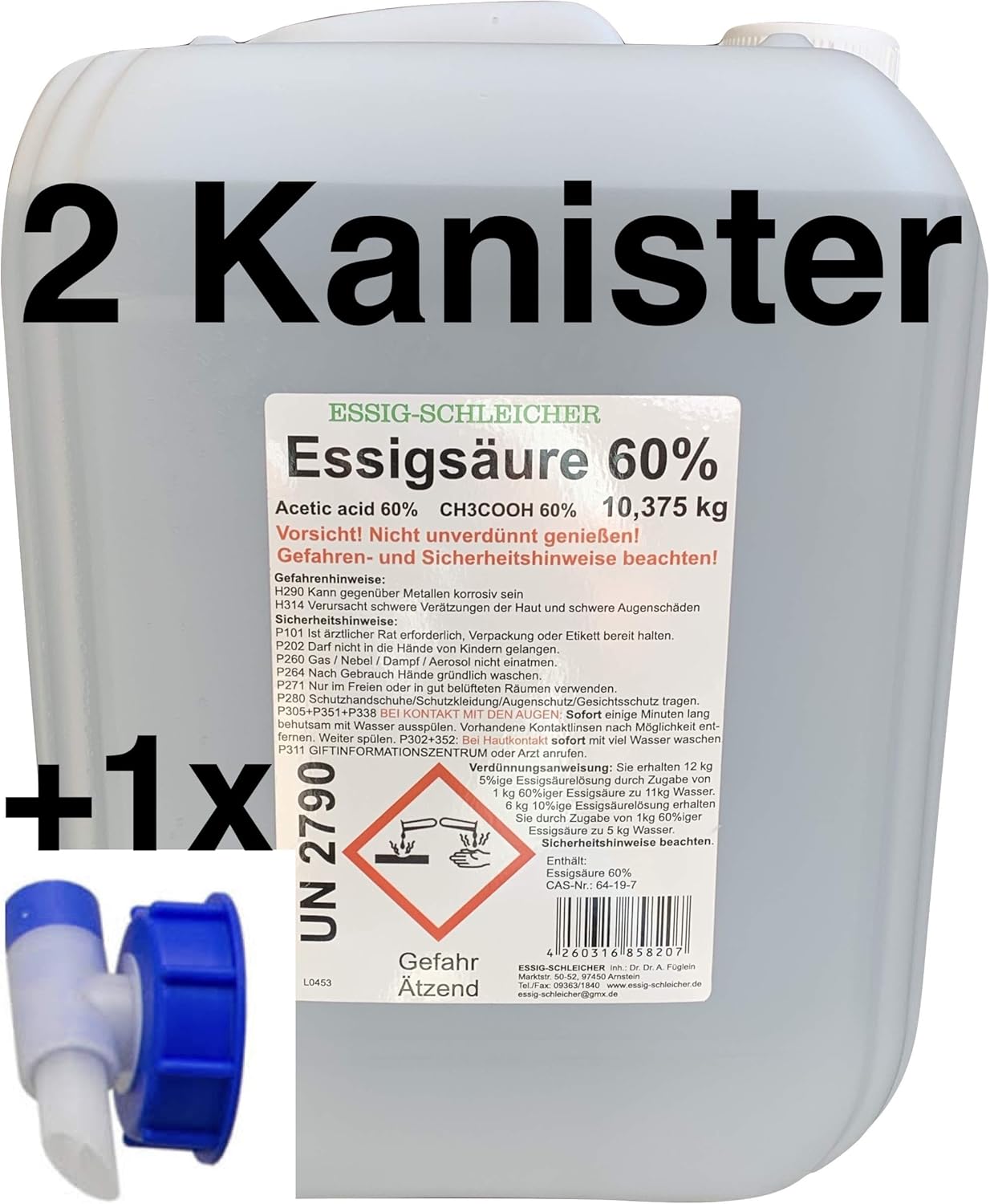 Essig-Schleicher 20 Liter (2X 10 Liter) Essigsäure 60% Lebensmittelqualität (ca. 21,4kg brutto ...