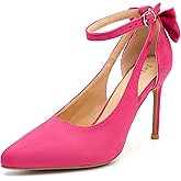 fereshte Women's Bow High Heels Pumps Stiletto Ankle Strap D'Orsay Pointed Toe 3.5" Dress Shoes