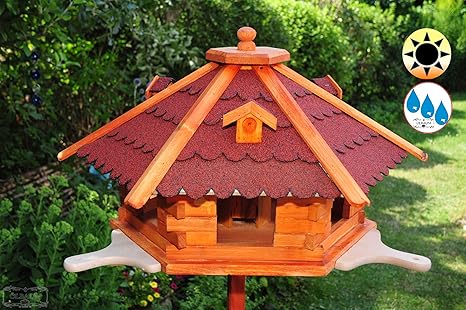 ÖLBAUM Futterhaus-Vogelhaus, groß, XL mit 3 x Landebahn (Natur), Dach rot XXX Ständer Bitumenschindel