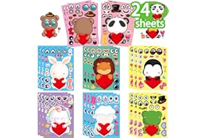 SILKTEM 24 Sheets Valentine Stickers for Kids, Animal Heart Love Sticker Make a Face Stickers, Make Your Own Animal Stickers, Valentine Crafts Party Decorations Supplies
