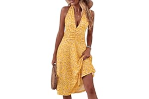 HUHOT Women's Summer Sundress Sleeveless Halter Neck Spring 2025 Floral with Pocket Elastic Waist Ruffle Mini Dresses
