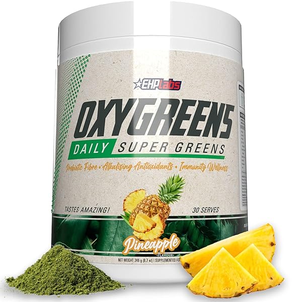 EHP LABS OXYGREENS SUPER GREENS POWDER – SPIRULINA & CHLORELLA SUPERFOOD, GREEN JUICE POWDER & GREENS SUPPLEMENTS WITH PREBIOTIC FIBRE, ANTIOXIDANTS & IMMUNITY SUPPORT, 30 SERVES (PINEAPPLE)