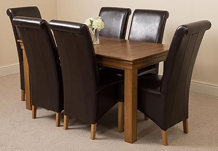 Oak Furniture King French Rustic 150 X 75 Cm Dark Oak Dining Table And 6 Chairs Dining Set With Montana Brown Leather Chairs Amazon Co Uk Kitchen Home