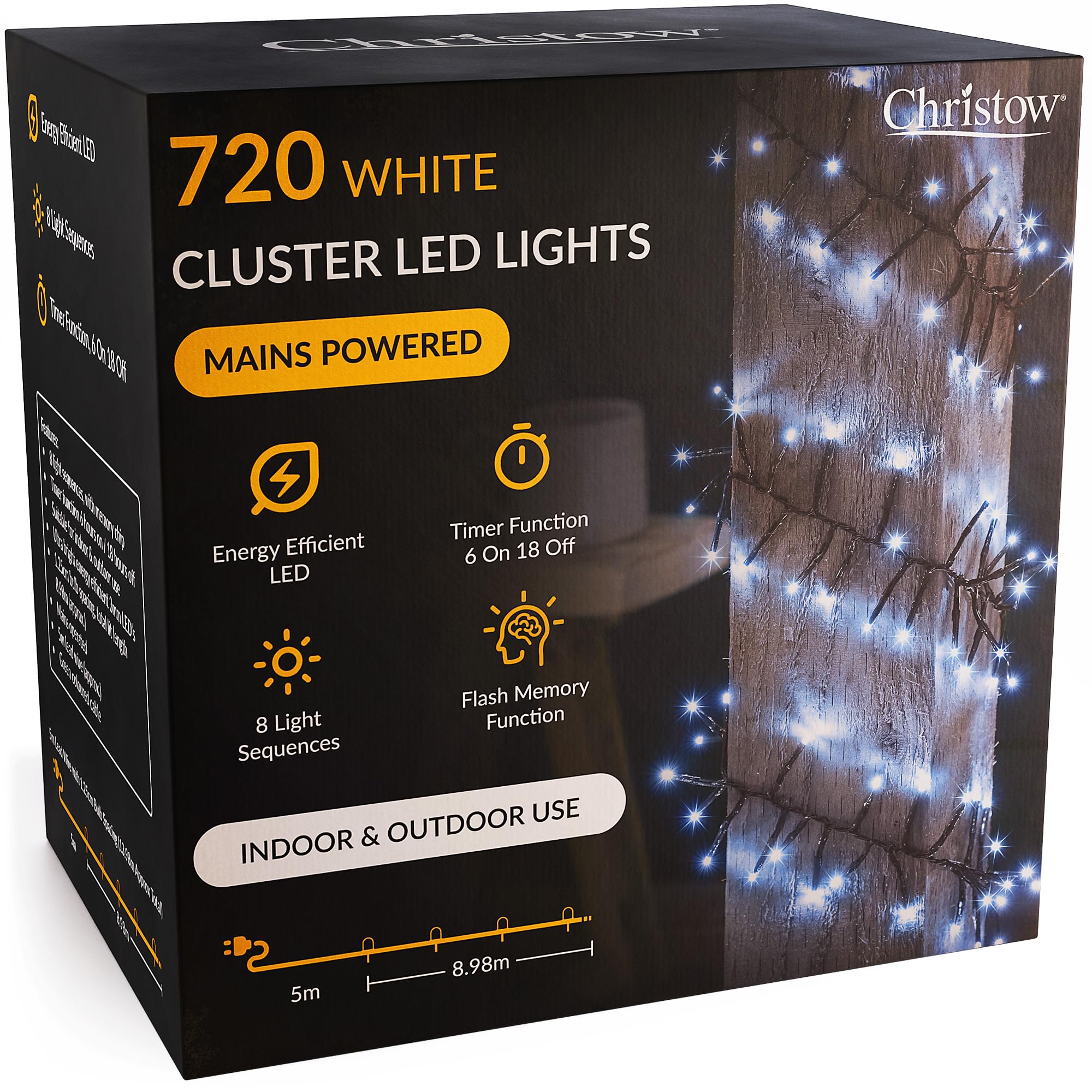 CHRISTOW 720 LED Cluster Christmas Tree Lights, White Fairy Lights with Timer, 8 Light Modes, Energy Efficient 3mm Micro LEDs, Indoor & Outdoor, Mains Powered, Green Cable, 8.98m Lit Length