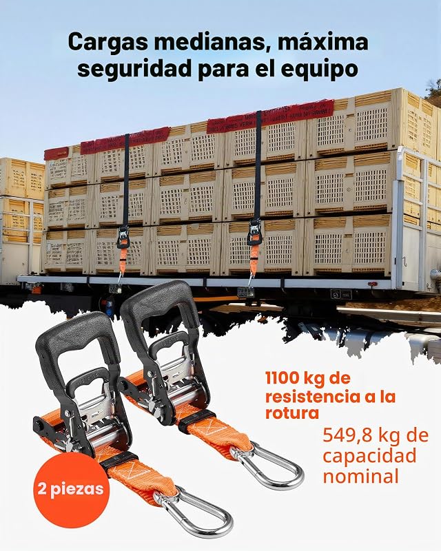 Correas de Trinquete, 38,1 mm x 1,8 m, con Mosquetones, Resistencia a la Rotura de 1100 kg, Bolsa de Transporte, para Mudanzas, Remolques, Motocicletas, Kayaks, Techo de Coche, Paquete de 2