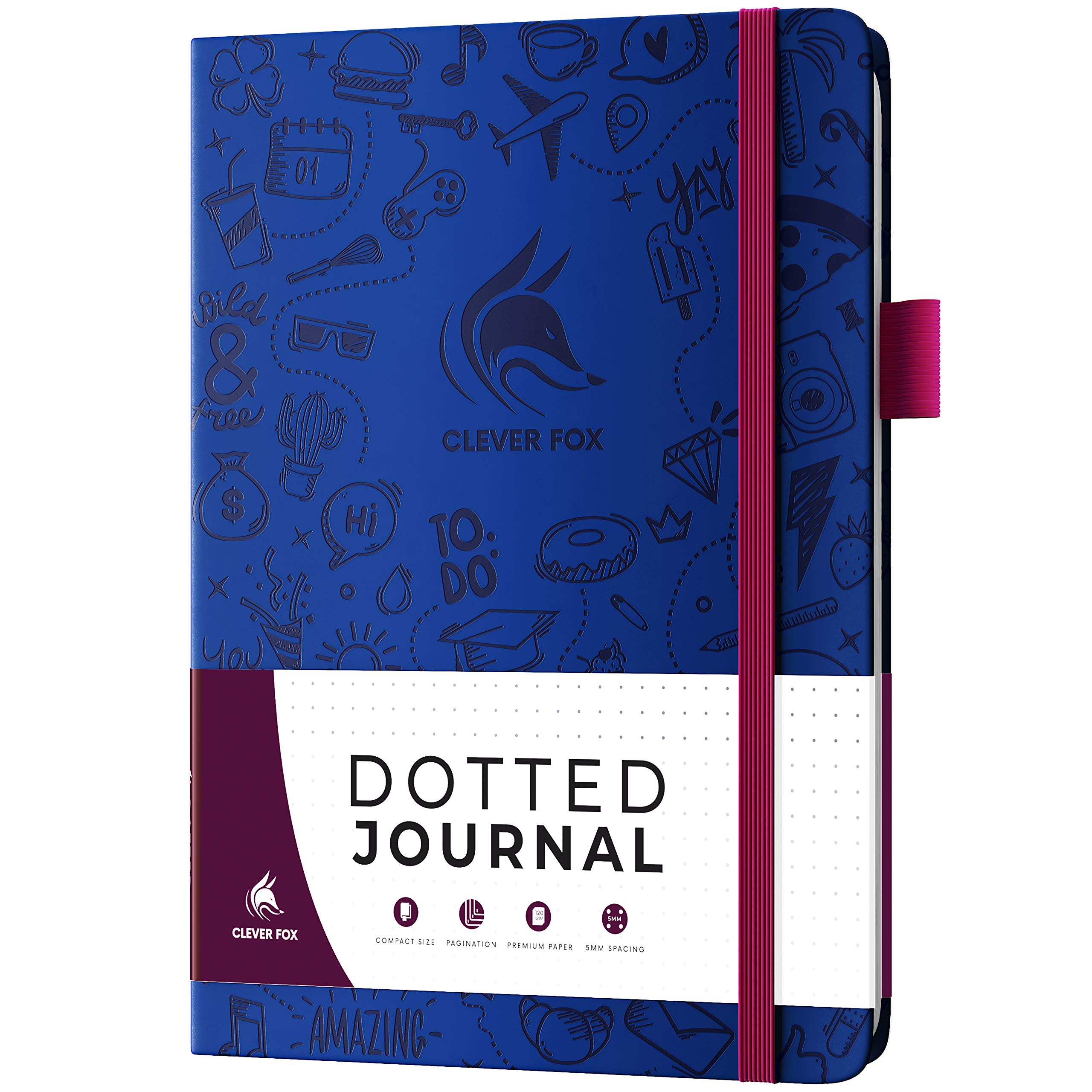 Clever Fox Dotted Journal 2.0 – Compact Planning and Sketching Dot Grid Notebook 120 GSM Thick, No-Bleed Paper – Planner with Pen Loop, Pocket, Ribbons, Stickers – A5 – Navy Blue
