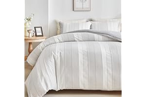 WARMDERN Striped Duvet Cover Lightgrey King, Lightgrey with White Striped Weave Pattern Bedding, Microfiber Soft Textured Duv
